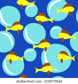 Patrón de peces dibujado a mano. Juego de caricaturas de peces tropicales. Burbujas de aire azul y animales de mar amarillos. Fondo azul. Patrón sin inconvenientes, vector design eps 10