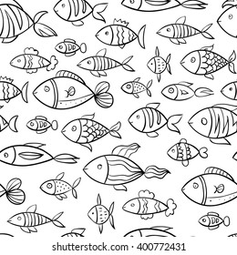 Hand drawn fish pattern. Vector seamless background