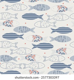 Hand drawn fish and red hearts, seamless pattern. Vector illustration with fish for fabric, card, Valentine's Day.