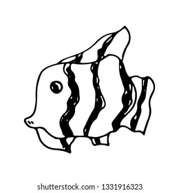 Hand Drawn fish sea doodle. Sketch style icon. Marine underwater plants weeds and animals. Isolated on white background. Flat design. Vector illustration.