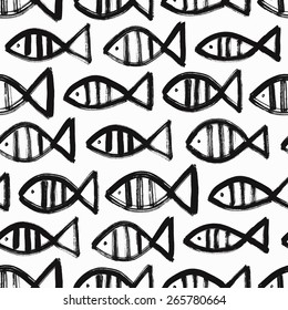 Hand drawn fish seamless background. Vector illustration.