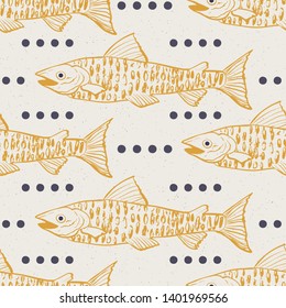 Hand drawn fish seamless pattern. Gilded look with modern navy blue dots on tan background. Simple, yet sophisticated . Great for upscale seafood menus, wrapping and tissue paper and home decor.