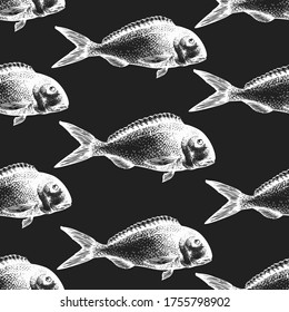 Hand drawn fish seamless pattern. Vector dorado illustrations on chalk board. Vintage marine background