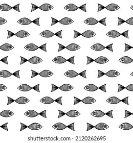 Hand drawn fish seamless pattern Doodle style vector. For fabric, wrapping paper, packaging, scrapbooking.