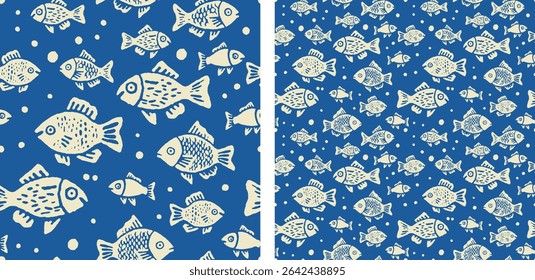 Hand Drawn Fish Seamless Pattern in Blue and Cream Nautical Ocean Animals Vector Background