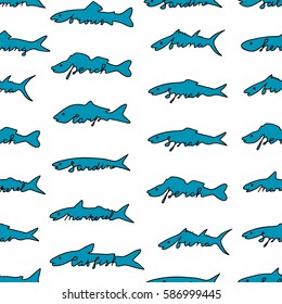 Hand drawn fish seamless pattern Tuna, salmon, herring, catfish, sardine, perch, sprat, carp, trout, mackerel. 
