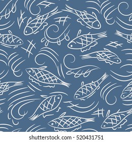 hand drawn fish seamless vector pattern