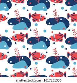 Hand drawn fish and seaweed . Vector seamless background. Underwater life, Decorative fabrics, Wallpaper, wrapping paper design idea.