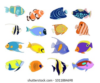 Hand drawn  fish set with colorful background.Isolated on white. Sketch, vector illustration.