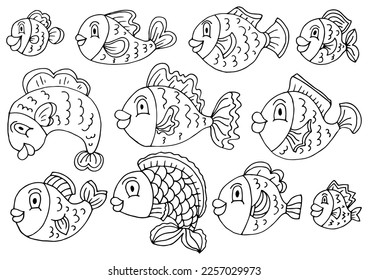 Hand drawn fish set in line style. Coloring page. Vector illustration