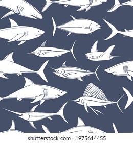 Hand drawn fish and sharks. Vector  seamless pattern. 