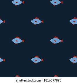 Hand drawn fish silhouettes seamless pattern. Stylized marine print with blue animal ornament and dark background. Designed for wallpaper, textile, wrapping paper, fabric print. Vector illustration.