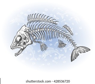 hand drawn fish skeleton fossil, vector illustration