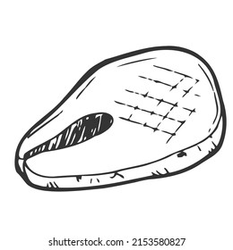 Hand drawn fish steak for grilling or roasting, sketch vector illustration isolated on white background. Delicious seafood with engraving. Monochrome cooked or fresh salmon.