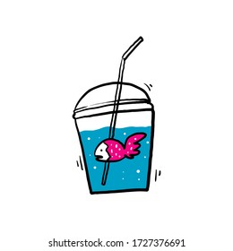 hand drawn fish trapped  in a plastic cup with a straw doodle style symbol for plastic free