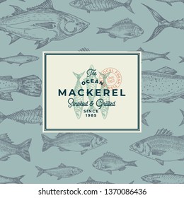 Hand Drawn Fish Vector Background Pattern. Abstract Package Sketch Card or Cover Template with Trendy Typography and Mackerel Emblem. Herring, Anchovy, Tuna, Dorado, Seabass and Salmon. Isolated.