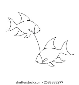 Hand drawn fish vector. One line continuous drawing. Cartoon linear illustration, minimal icon, abstract print, banner, card, poster, brochure, doodle, sign, outline symbol, sketch, silhouette