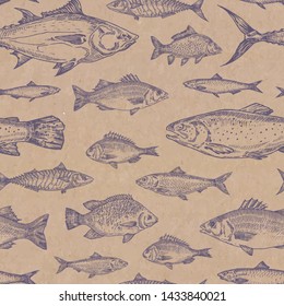 Hand Drawn Fish Vector Seamless Background Pattern. Craft Cardboard Paper Texture. Anchovy, Herrings, Tuna, Dorado, Mackerel, Seabass and Trout Sketches Card or Cover Template. Isolated.