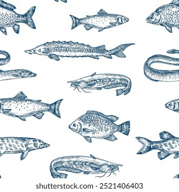 Fundo de padrão sem emenda do vetor de peixe desenhado à mão. Truta de água doce, esturjão, enguia e peixe-gato esboços Modelo de capa de cartão de frutos do mar em azul modelo de papel de parede cor. Isolado