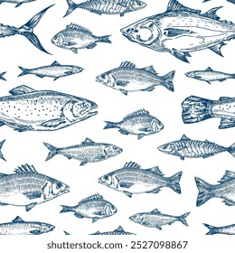 Fundo de padrão sem emenda do vetor de peixe desenhado à mão. Atum do Oceano, Salmão, Sarda, Anchova, Dorado e Arenque Esboços Modelo de capa de cartão de frutos do mar em Modelo de papel de parede de cor azul. Isolado