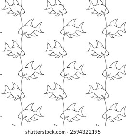Hand drawn fish vector seamless pattern. Abstract illustration. Outline backdrop. Line continuous drawing, black white wallpaper, cartoon background, fabric, textile print.