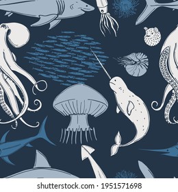 Hand drawn fish and wild marine animals on blue background. .Vector  seamless pattern. 