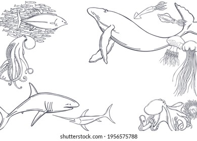 Hand drawn fish and wild marine animals.  Vector background.