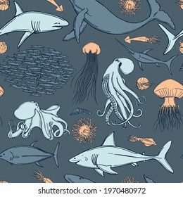 Hand drawn fish and wild marine animals. Vector  seamless pattern. 