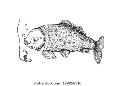 Pescado dibujado a mano con gusano en gancho. Esbozo de carpa para el menú