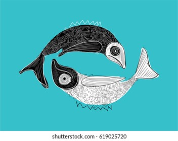 hand drawn fish, Yin Yang symbol