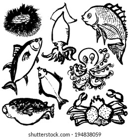 hand drawn fishes.