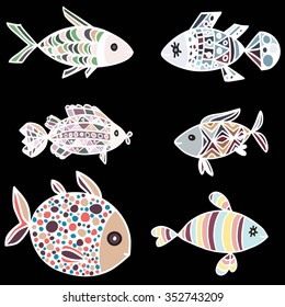 Hand drawn fishes. Colorful fishes. Doodle fishes on white.