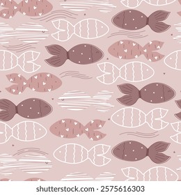 Hand drawn fishes with hearts on pink background. Cute vector illustration for Valentine's Day.