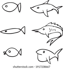 hand drawn fishes. school of fishes. black line vector illustration. different fishes in the ocean.