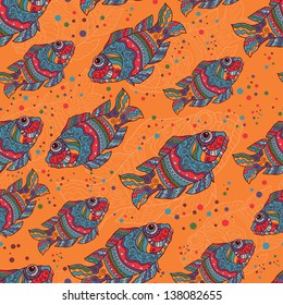 Hand drawn fishes seamless pattern  in ethnic style. Endless seamless background