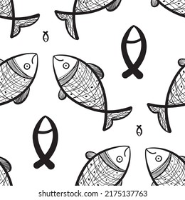 Patrón de peces dibujados a mano sin fisuras. Fondo de los peces esquematizados, baldosas de doodle, símbolos de pesca dibujados, ilustración del vector de los peces oceánicos