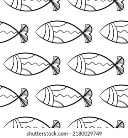 Hand drawn fishes seamless pattern. Sketched fish background, doodle sea tile, drawing fishing symbols, ocean fish vector illustration