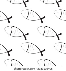 Hand drawn fishes seamless pattern. Sketched fish background, doodle sea tile, drawing fishing symbols, ocean fish vector illustration