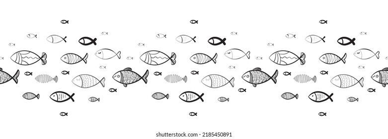 Hand drawn fishes seamless pattern. Sketched fish background, doodle sea tile, drawing fishing symbols, ocean fish vector illustration