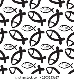 Hand drawn fishes seamless pattern. Sketched fish background, doodle sea tile, drawing fishing symbols, ocean fish vector illustration