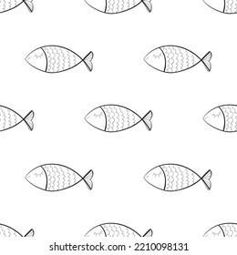 Patrón de peces dibujados a mano sin fisuras. Fondo de los peces esquematizados, baldosas de doodle, símbolos de pesca dibujados, ilustración del vector de los peces oceánicos