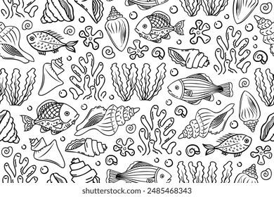 Hand drawn fishes, seashells and sea plants seamless line art pattern. Marine outline repeating pattern with underwater animals