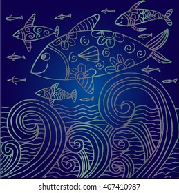 Hand drawn fishes  in the waves