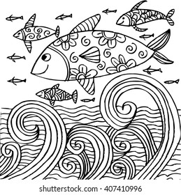 Hand drawn fishes  in the waves