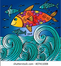 Hand drawn fishes  in the waves