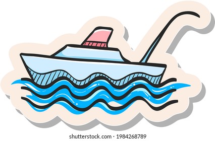 Hand drawn Fishing boat icon in sticker style vector illustration