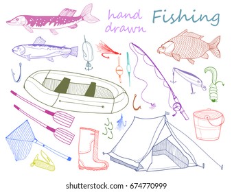 Hand drawn fishing elements. Colored graphic vector set. All elements are isolated