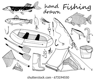 Hand drawn fishing elements. Graphic vector set. All elements are isolated
