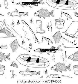 Hand drawn fishing elements. Graphic vector seamless pattern
