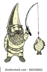 Hand drawn fishing gnome.